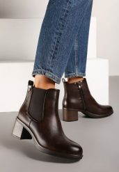 Brązowe Botki na Słupku w Stylu Sztybletów z Gumką z Boku Sanatela. Brązowe botki damskie Renee, z jeansu, eleganckie, bez obcasa, na obcasie, bez zapięcia. Za 109.99 zł.