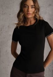 Czarny T-shirt z Bawełny Ozdobiony Cyrkoniami Kallochis. Czarne t-shirty damskie Renee, m, bez wzorów, z bawełny, bez kołnierzyka. Za 69.99 zł.