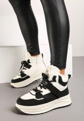 Beżowo-Czarne Sneakersy Ocieplane na Płaskiej Podeszwie z Wysoką Cholewką Rialithra. Brązowe obuwie sportowe damskie Born2be, z jeansu, przed kolano, bez zapięcia, trekkingowe. Za 129.99 zł.