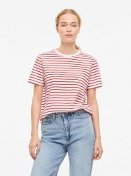 Vila Koszulka "Vinora" w kolorze biało-czerwonym rozmiar: S. Białe bluzki damskie Vila, s, bez wzorów, z bawełny, bez kołnierzyka, bez ramiączek. Za 79.77 zł.