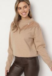Ciemnobeżowy Sweter z Siateczkowymi Wstawkami z Cekinami Perełkami i Koralikami Evoriana. Brązowe swetry klasyczne damskie Born2be, l, z jeansu, bez kołnierzyka. Za 129.99 zł.