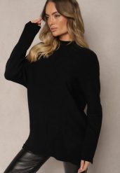 Czarny Prążkowany Sweter z Półgolfem z Rozcięciami po Bokach Rerilla. Czarne swetry klasyczne damskie Renee, z dzianiny, bez kołnierzyka. Za 79.99 zł.
