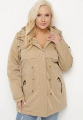 Ciemnobeżowa Kurtka Dwustronna Parka z Kapturem Lannaria. Brązowe kurtki damskie Born2be, plus size, bez wzorów, z kapturem. Za 259.99 zł.