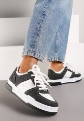 Czarno-Białe Sneakersy do Kostki z Ekoskóry na Grubej Płaskiej Podeszwie ze Sznurowaniami Uziliana. Czarne obuwie sportowe damskie Born2be, z materiału, bez zapięcia. Za 84.99 zł.