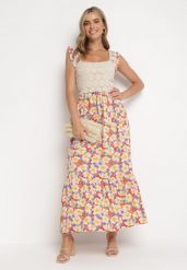 Żółto-Czerwona Rozkloszowana Sukienka Maxi z Wiskozy w Kwiatowy Print Jamiliana. Żółte sukienki damskie Born2be, bez wzorów, z wiskozy, bez ramiączek. W wyprzedaży za 84.99 zł.