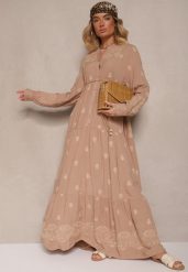 Jasnobeżowa Rozkloszowana Sukienka Ozdobiona Haftem i Wzorem Boho Ronavere. Brązowe sukienki damskie Renee, bez wzorów, boho, bez ramiączek. W wyprzedaży za 151.99 zł.