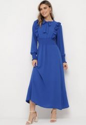 Niebieska Rozkloszowana Sukienka Maxi Wiązana przy Dekolcie Ozdobiona Falbankami Nuteki. Niebieskie sukienki damskie Born2be, bez wzorów, eleganckie, bez ramiączek. W wyprzedaży za 101.99 zł.