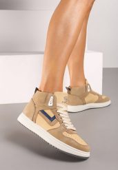 Ciemnobeżowe Sneakersy Alcothee. Brązowe obuwie sportowe damskie Born2be, z jeansu, bez zapięcia. Za 49.99 zł.