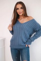Sweter pleciony z dekoltem V jeansowy. Swetry klasyczne damskie KESI, l, z jeansu, bez kołnierzyka, plus size. Za 158.92 zł.