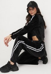 Czarny Komplet Dresowy Rozpinana Bluza z Kapturem i Spodnie o Szerokim Kroju Usivisa. Czarne bluzy damskie Born2be, m, bez wzorów, z dresówki, z kapturem. Za 79.99 zł.
