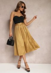 Złota Plisowana Spódnica Rozkloszowana z Paskiem z Satyny i Klamerką Abellema. Żółte spódnice damskie Renee, m, bez wzorów, z satyny, eleganckie, midi. Za 44.99 zł.