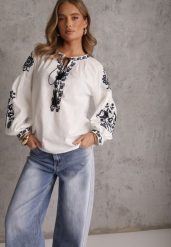 Biała Rustykalna Bluzka z Bawełny Zdobiona Haftem i Sznurkiem z Chwostami Marytea. Białe bluzki damskie Renee, m, z aplikacjami, z bawełny, casualowe, bez kołnierzyka, bez ramiączek. Za 119.99 zł.