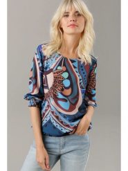 Aniston Bluzka w kolorze jasnobrązowo-niebieskim rozmiar: 40. Brązowe bluzki damskie Aniston, bez wzorów, bez kołnierzyka, bez ramiączek. Za 82.99 zł.