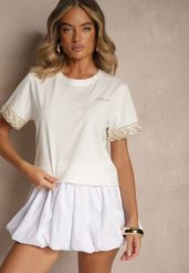 Biały Bawełniany T-shirt z Koronkowymi Zdobieniami i Cekinami Drane. Białe t-shirty damskie Renee, m, z aplikacjami, z bawełny, bez kołnierzyka. Za 44.99 zł.