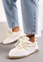 Beżowe Sneakersy z Szerokimi Ozdobnymi Sznurówkami Naale. Brązowe obuwie sportowe damskie Renee, z materiału, bez zapięcia. Za 79.99 zł.