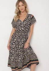 Granatowa Bawełniana Sukienka z Guzikami i Ornamentnym Wzorem Zisselle. Niebieskie sukienki damskie Born2be, bez wzorów, z bawełny, bez ramiączek. Za 49.99 zł.