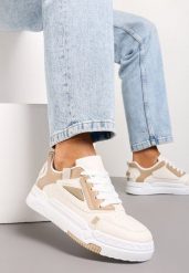 Ciemnobeżowe Sznurowane Sneakersy z Ekoskóry z Ozdobnymi Wstawkami Ravana. Brązowe obuwie sportowe damskie Renee, bez zapięcia. Za 74.99 zł.