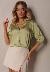 Jasnozielona Gładka Koszula z Satynowego Materiału Elariala. Zielone koszule damskie Renee, l, bez wzorów, z satyny, klasyczne, bez kołnierzyka, bez ramiączek. Za 49.99 zł.
