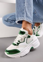 Biało-Zielone Sneakersy na Grubej Podeszwie ze Wstawkami z Perforacją Lanya. Białe obuwie sportowe damskie Renee, bez zapięcia. Za 69.99 zł.