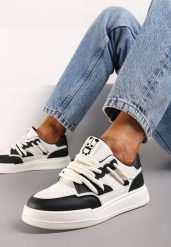 Czarno-Białe Sneakersy Ozdobione Naszywką z Pandą i Szerokimi Sznurówkami Wannia. Czarne obuwie sportowe damskie Renee, bez zapięcia. Za 89.99 zł.