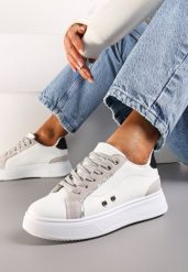 Biało-Szaro Sneakersy z Metalicznymi Wstawkami na Grubej Podeszwie Amoone. Białe obuwie sportowe damskie Renee, bez zapięcia, trekkingowe. Za 79.99 zł.