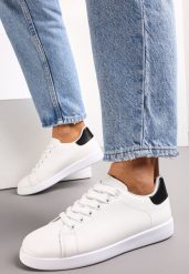 Biało-Czarne Sneakersy na Płaskiej Podeszwie z Ozdobną Wstawką i Sznurowaniem Neotine. Białe obuwie sportowe damskie Renee, z jeansu, bez zapięcia. Za 49.99 zł.