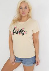 Beżowy Bawełniany T-shirt z Krótkim Rękawem i Nadrukiem Naremena. Brązowe t-shirty damskie Born2be, xl, bez wzorów, z bawełny, bez kołnierzyka. Za 24.99 zł.