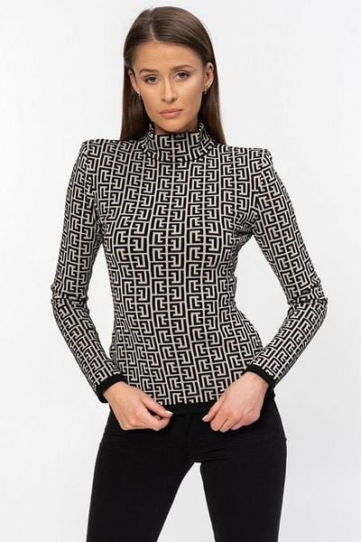 BALMAIN Damska bluzka z golfem w czarny monogram, Rozmiar 36. Brązowe golfy damskie Balmain, s, bez wzorów, z dzianiny, bez ramiączek. W wyprzedaży za 3,150.99 zł.