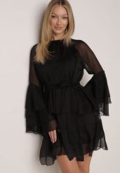Czarna Sukienka z Eterycznymi Falbanami i Wiązanym Paskiem Rivaniah. Czarne sukienki damskie Born2be, bez wzorów, eleganckie, bez ramiączek. Za 149.99 zł.