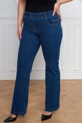 Jeansowe spodnie dzwony Julita z wysokim stanem PLUS SIZE XXL. Spódnice damskie Nasi partnerzy, do pracy, plus size, bez wzorów, z bawełny, biznesowe, mini. Za 199.90 zł.