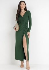 Ciemnozielona Sukienka Mellona. Zielone sukienki damskie Born2be, bez wzorów, z dzianiny, eleganckie, bez ramiączek. W wyprzedaży za 110.49 zł.