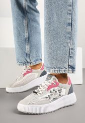 Szaro-Różowe Sneakersy Ozdobione Gwiazdą i Nitami Zeloti. Szare obuwie sportowe damskie Renee, z dzianiny, bez zapięcia. Za 99.99 zł.