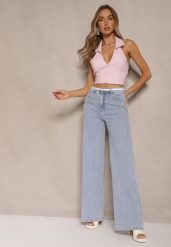 Jasnoniebieskie Jeansy High Waist Wide Leg z Cyrkoniowymi Zdobieniami Palanirela. Niebieskie jeansy damskie Renee, z podwyższonym stanem. Za 139.99 zł.