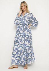 Niebieska Sukienka z Wiskozą o Rozkloszowanym Kroju z Wiązaniem w Roślinny Wzór Korivona. Niebieskie sukienki damskie Born2be, bez wzorów, z wiskozy, eleganckie, bez ramiączek. W wyprzedaży za 127.49 zł.