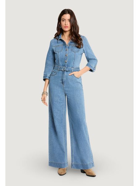 Morgan Kombinezon 261-PIMA Niebieski Wide Leg. Niebieskie sukienki damskie Morgan, bez wzorów, z bawełny, bez ramiączek. Za 313.99 zł.