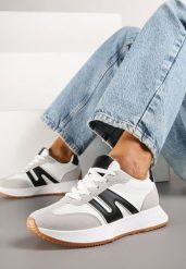 Biało-Czarne Sneakersy z Geometrycznym Wzorem Avisella. Białe obuwie sportowe damskie Born2be, z jeansu, bez zapięcia. Za 89.99 zł.