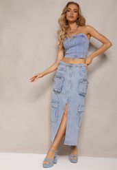 Niebieska Jeansowa Spódnica Regular Waist z Kieszeniami z Napami i Rozcięciem Alicella. Niebieskie spódnice damskie Renee, l, bez wzorów, z jeansu, eleganckie, maxi. Za 129.99 zł.