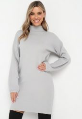 Jasnoszara Sweterkowa Sukienka Mini z Gładkiej Dzianiny Narel. Szare sukienki damskie Born2be, bez wzorów, z dzianiny, bez ramiączek. W wyprzedaży za 84.99 zł.