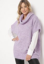 Fioletowy Golf Typu Nietoperz z Krótkim Rękawem Miathena. Fioletowe golfy damskie Born2be, bez wzorów, z jeansu, bez ramiączek. Za 129.99 zł.