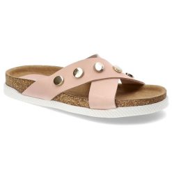 Różowe Klapki Chebello Skórzane Buty Na Lato. Czerwone klapki damskie CheBello, bez wzorów, ze skóry, bez obcasa, na płaskiej podeszwie, bez zapięcia. Za 169.00 zł.
