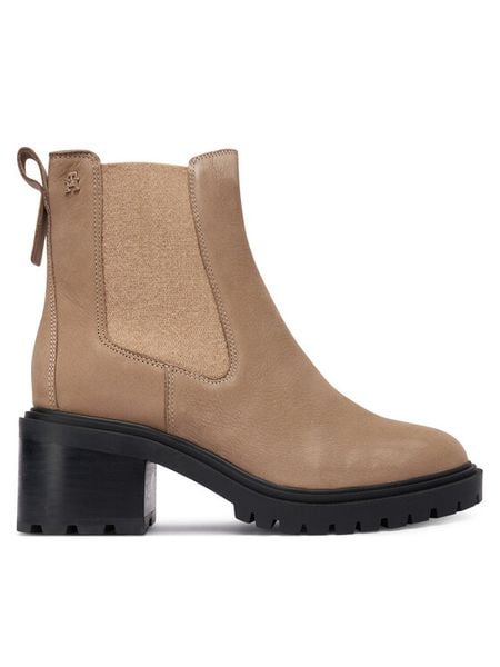 Tommy Hilfiger Botki Th Nubuck Chelsea Cleated Heel FW0FW09158 Beżowy. Brązowe botki damskie Tommy Hilfiger, z nubiku, bez obcasa, na słupku, bez zapięcia. Za 749.99 zł.