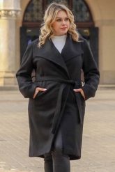 Płaszcz flauszowy na podszewce kopertowy wiązany KLARA czarny. Czarne płaszcze damskie KARKO, na jesień, plus size, bez wzorów, z elastanu, bez kaptura. Za 258.50 zł.
