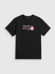 4F T-shirt loose z nadrukiem damski - czarny M. Czarne t-shirty damskie 4F, m, bez wzorów, z bawełny, bez kołnierzyka. Za 79.99 zł.