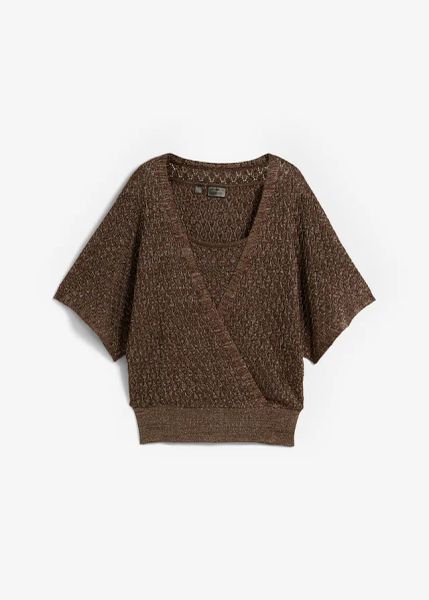 Sweter ażurowy z połyskiem. Brązowe swetry klasyczne damskie bonprix, bez kołnierzyka. Za 124.99 zł.