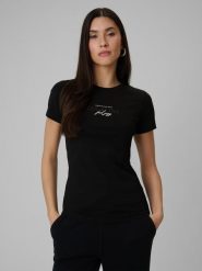 4F T-shirt slim z nadrukiem damski - czarny S. Czarne t-shirty damskie 4F, l, bez wzorów, z jeansu, bez kołnierzyka. Za 49.99 zł.
