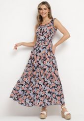 Granatowa Rozkloszowana Sukienka Bawełniana w Kwiatowy Print z Guzikami Jamallia. Niebieskie sukienki damskie Born2be, bez wzorów, z bawełny, bez ramiączek. Za 99.99 zł.