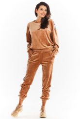 Welurowa Bluza z Logowaną Taśmą - Beżowa. Brązowe bluzy damskie Awama, l, bez wzorów, z materiału, bez kaptura. Za 209.90 zł.