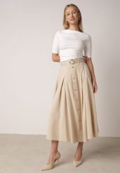Beżowa Spódnica Rozkloszowana z Bawełną i Paskiem oraz Kieszniami Jorlea. Brązowe spódnice damskie Born2be, na co dzień, na lato, l, bez wzorów, z bawełny, boho, midi. Za 129.99 zł.