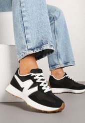 Czarno-Białe Sneakersy Ozdobione Geometryczną Aplikacją Jenilitia. Czarne obuwie sportowe damskie Born2be, z materiału, bez zapięcia. Za 79.99 zł.