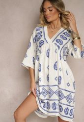 Niebiesko-Biała Sukienka z Wiskozy w Stylu Boho Virisna. Niebieskie sukienki damskie Renee, z aplikacjami, z wiskozy, boho, bez ramiączek. W wyprzedaży za 55.99 zł.